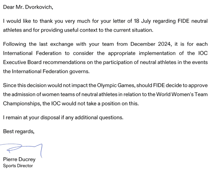 Carta del COI a la FIDE donde se autoriza la participación de las jugadoras rusas como equipo en el Mundial Femenino por Naciones