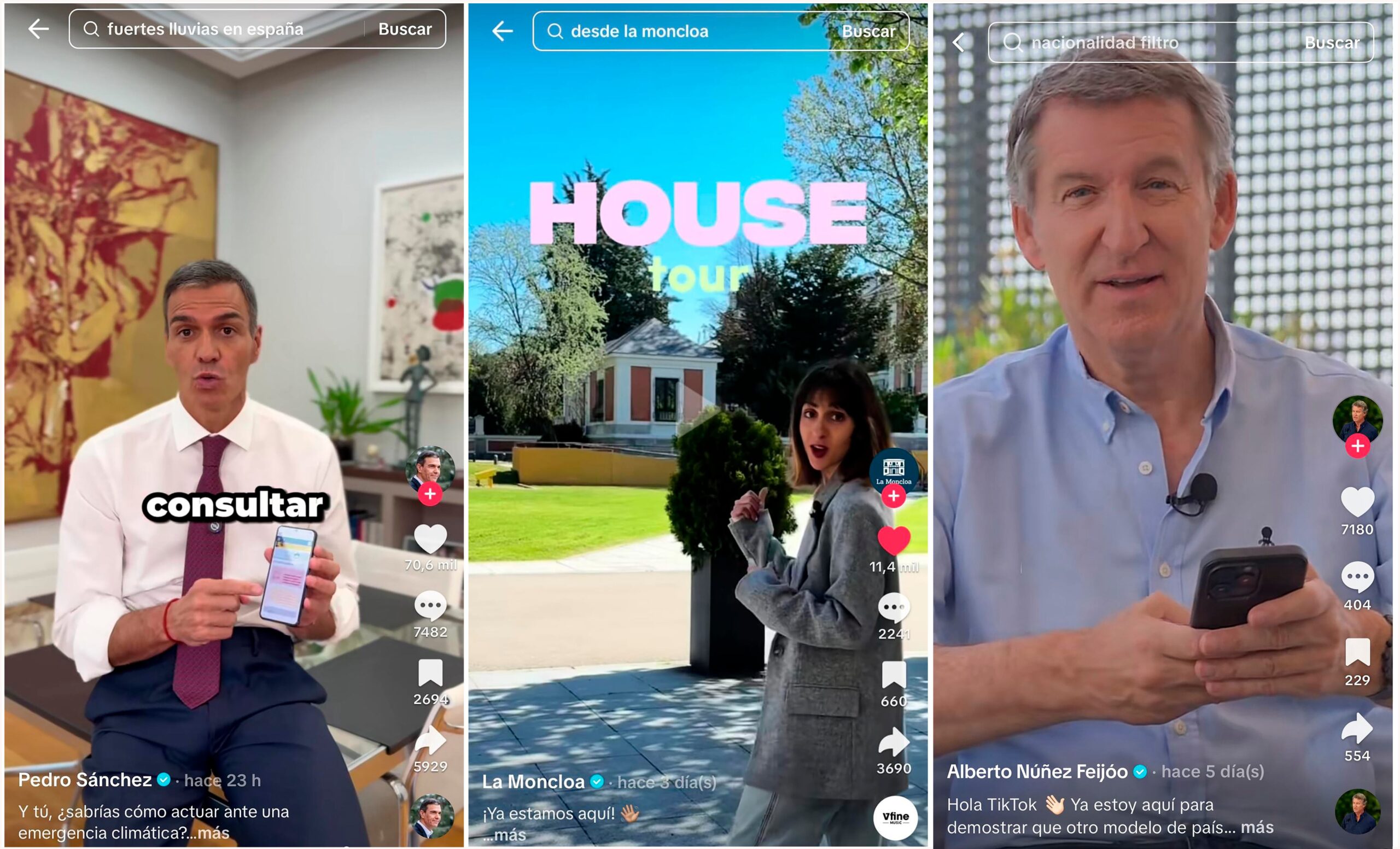 Capturas de pantalla de los vídeos subidos esta semana en las cuentas de TikTok de Pedro Sánchez, La Moncloa y Alberto Núñez Feijóo.