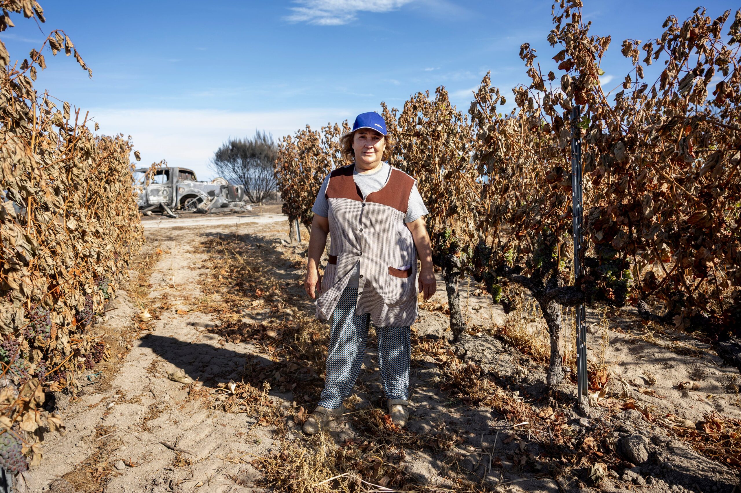 Josefa, agricultora cuyos viñedos han sido afectados por el incendio de Oimbra, Ourense.