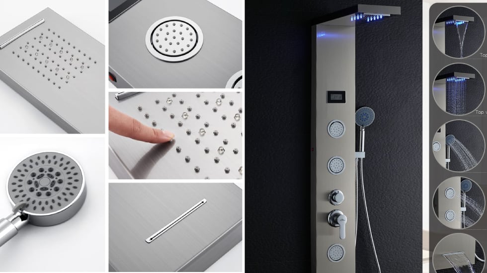 Columna de ducha con hidromasaje con luz azul led de ambiente.